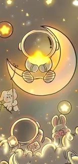 Cute astronaut sitting on crescent moon under stars.