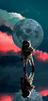 Astronaut under moon with colorful clouds reflecting.