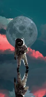 Astronaut walks beneath a teal sky and glowing moon, creating a surreal landscape.