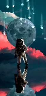 Astronaut walking under the moon with clouds reflecting water.