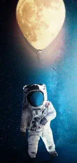 Astronaut floats with moon balloon in space-themed wallpaper.
