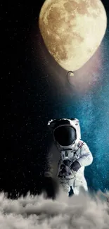 Astronaut floating towards a glowing moon in a surreal night sky.