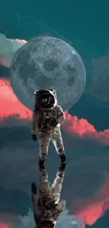 Astronaut stands before a large moon with colorful clouds in a surreal scene.