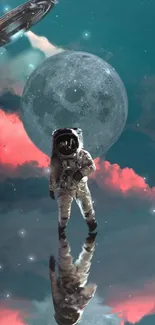 Astronaut standing on reflective surface with moon and UFO in the background.