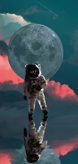 Astronaut standing on a reflective surface under a full moon and colorful clouds.