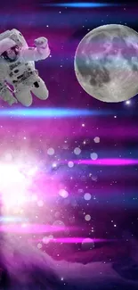 Floating astronaut with moon in a purple galaxy scene.