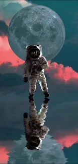 Astronaut standing on a reflective surface with a large moon backdrop.