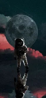 Astronaut walking with moon's reflection against a dark sky.