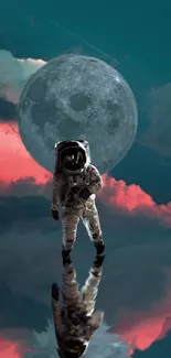 Astronaut standing on water with moon and colorful clouds in the background.