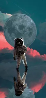 Astronaut with moon reflecting on water against a teal and pink sky.