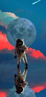 Astronaut with moon reflection on vibrant cosmic background.