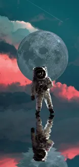 Astronaut reflecting under a teal sky and vibrant moon.