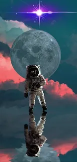 Astronaut standing on reflection under moon and starry sky.