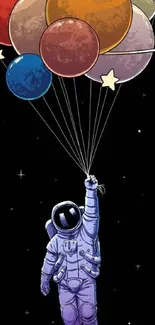 Astronaut holding colorful planet balloons in space illustration.