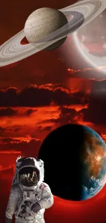 Astronaut and planets with red sky backdrop, cosmic mobile wallpaper.