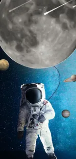 Astronaut floating in space with nearby planets.