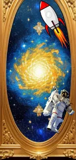 Astronaut and rocket with galaxy framed in ornate gold.