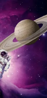 Astronaut floating near Saturn with cosmic nebula background.