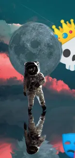 Astronaut and skull with moon in digital art wallpaper.