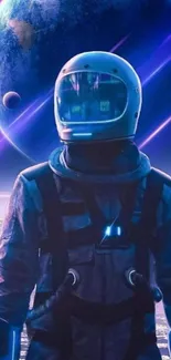 Astronaut in a futuristic space scene with planets and cosmic background.