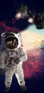 Astronaut and spaceships in cosmic scene with Earth visible.