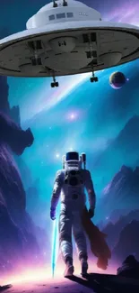 Astronaut beneath UFO in vibrant, galactic scenery.