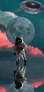 Astronaut beneath the moon with a UFO in a fantasy sky.