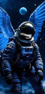 Astronaut with blue wings in space.