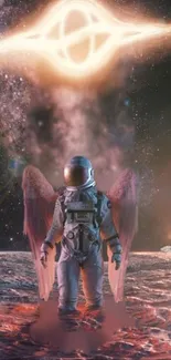 Astronaut with angel wings on moon in cosmic space wallpaper.