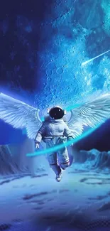 Angelic astronaut in blue cosmic scene floating above moon.