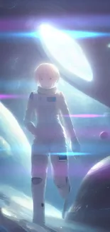 Anime astronaut floating in space, surrounded by cosmic elements.