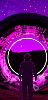 Astronaut stands at glowing cosmic portal with purple sky backdrop.