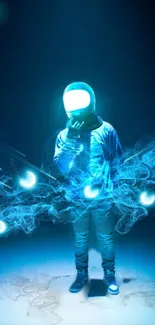 Futuristic astronaut with neon blue aura on dark background.