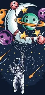 Astronaut holding planet balloons in colorful cosmic art.