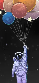 Astronaut holding colorful balloons, floating in a starry space backdrop.