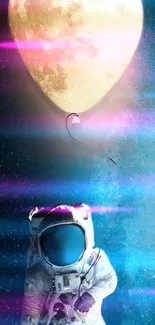 Surreal astronaut floating with a moon balloon in space-themed mobile wallpaper.