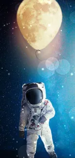 Astronaut and moon balloon in galaxy wallpaper.