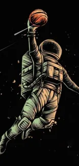 Astronaut performing a basketball dunk in space-themed artwork.