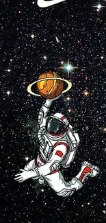 Astronaut playing basketball in a starry galaxy.