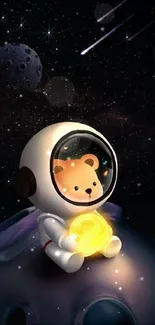 Cute astronaut bear holding glowing moon in space.