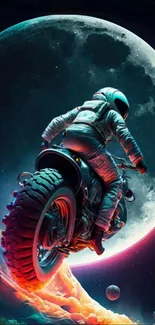 Astronaut riding motorcycle towards the moon.