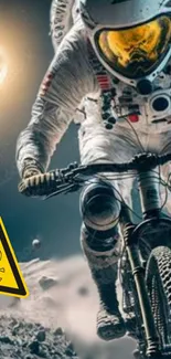 Astronaut biking on the moon with a cosmic backdrop and safety warning.