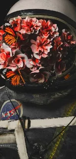 Artistic astronaut helmet with flowers and butterflies in space.