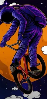 Astronaut on BMX bike with orange moon background.