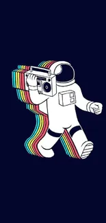 Astronaut with boombox on dark background, colorful stripes trailing.