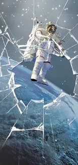 Astronaut breaking through glass in space with Earth in the background.