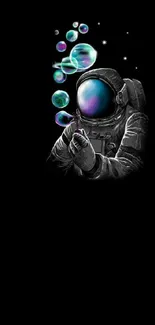 Astronaut blowing colorful bubbles in space-themed wallpaper.