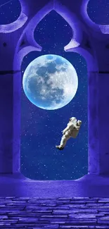 Astronaut floating by blue moon in gothic arch window scene.