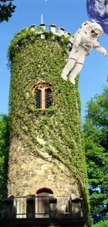 Astronaut floating near rustic ivy-covered tower with Earth in background.