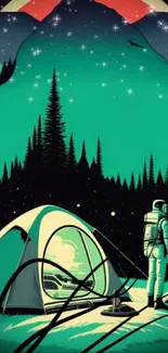 Astronaut stands beside a tent under a vibrant starlit mountain sky.